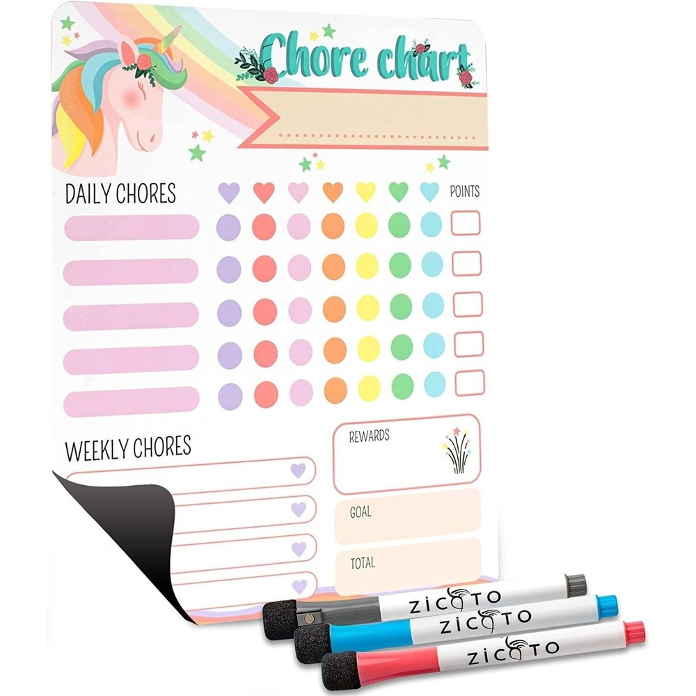 Zicoto Magnetic Dry Erase Chore and Behavior Chart Unicorn Design 9" x 11"